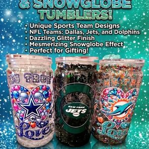 NFL Team Snowglobe Acrylic Tumblers - Dallas, Jets, Dolphins.  1 Tumbler/straw